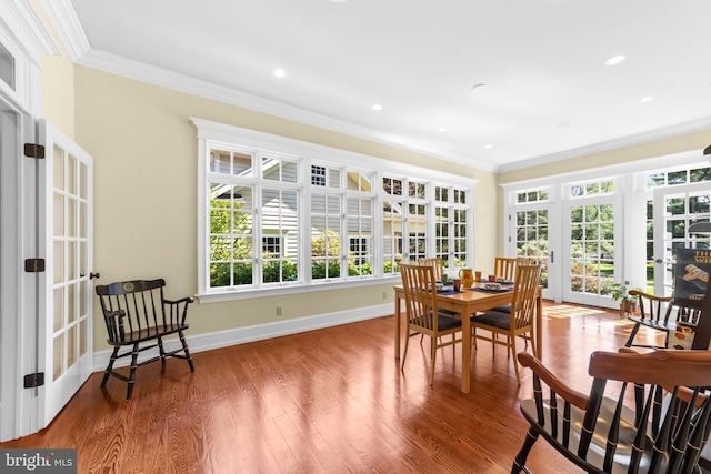 4491 Province Line Rd, Princeton, NJ 08540 - dining space featuring french doors, ornamental molding, wood finished floors, recessed lighting, and baseboards