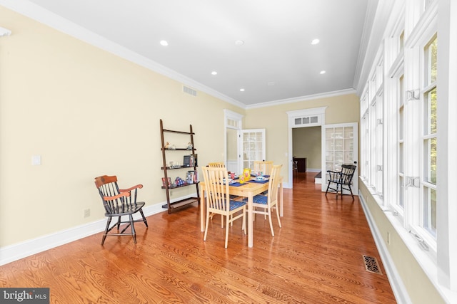 4491 Province Line Rd, Princeton, NJ 08540 - dining room with crown molding, french doors, wood finished floors, recessed lighting, and baseboards