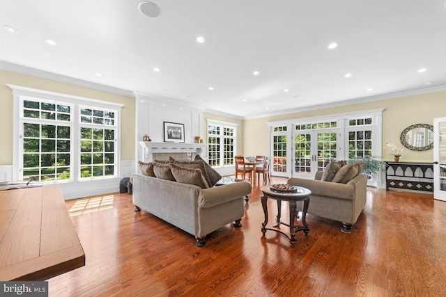 4491 Province Line Rd, Princeton, NJ 08540 - living room with french doors, ornamental molding, a fireplace, wood finished floors, and recessed lighting