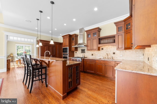 4491 Province Line Rd, Princeton, NJ 08540 - kitchen with wall chimney range hood, a sink, appliances with stainless steel finishes, crown molding, and wood finished floors