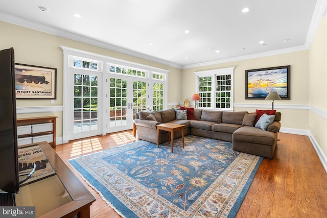4491 Province Line Rd, Princeton, NJ 08540 - living area featuring french doors, wood finished floors, crown molding, baseboards, and recessed lighting