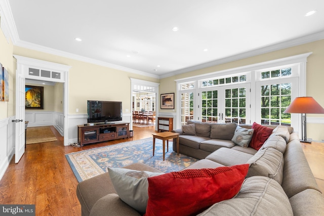 4491 Province Line Rd, Princeton, NJ 08540 - living room featuring french doors, crown molding, wood finished floors, wainscoting, and recessed lighting