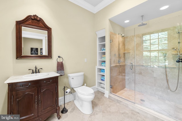 4491 Province Line Rd, Princeton, NJ 08540 - bathroom featuring crown molding, a stall shower, vanity, toilet, and baseboards