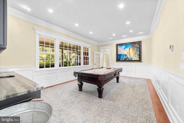 4491 Province Line Rd, Princeton, NJ 08540 - playroom featuring ornamental molding, billiards table, wood finished floors, recessed lighting, and a decorative wall