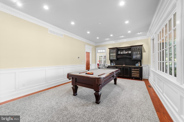 4491 Province Line Rd, Princeton, NJ 08540 - rec room with wine cooler, plenty of natural light, wood finished floors, pool table, and crown molding