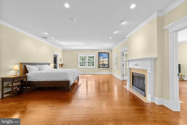 4491 Province Line Rd, Princeton, NJ 08540 - bedroom with a premium fireplace, light wood finished floors, crown molding, recessed lighting, and baseboards