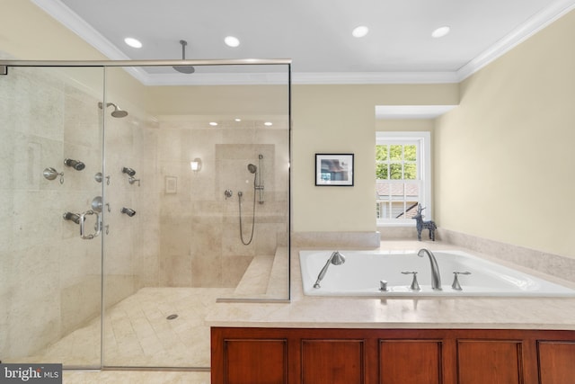 4491 Province Line Rd, Princeton, NJ 08540 - bathroom featuring crown molding, a stall shower, a garden tub, and recessed lighting