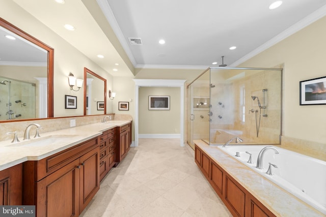 4491 Province Line Rd, Princeton, NJ 08540 - bathroom featuring a stall shower, double vanity, a jetted tub, recessed lighting, and ornamental molding
