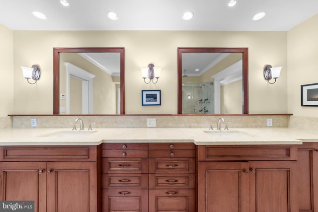 4491 Province Line Rd, Princeton, NJ 08540 - bathroom with double vanity, a stall shower, backsplash, crown molding, and recessed lighting