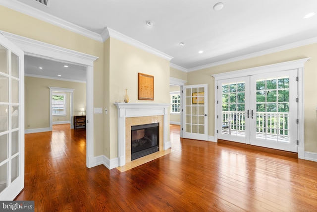4491 Province Line Rd, Princeton, NJ 08540 - unfurnished living room with french doors, a premium fireplace, wood finished floors, crown molding, and baseboards