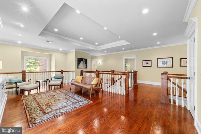 4491 Province Line Rd, Princeton, NJ 08540 - sitting room featuring an upstairs landing, a raised ceiling, wood finished floors, crown molding, and recessed lighting