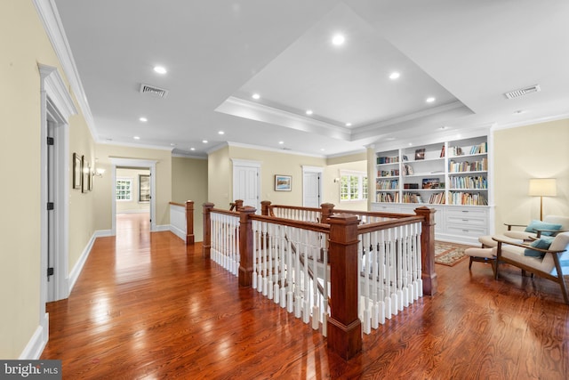 4491 Province Line Rd, Princeton, NJ 08540 - hall with hardwood / wood-style floors, healthy amount of natural light, a raised ceiling, an upstairs landing, and ornamental molding