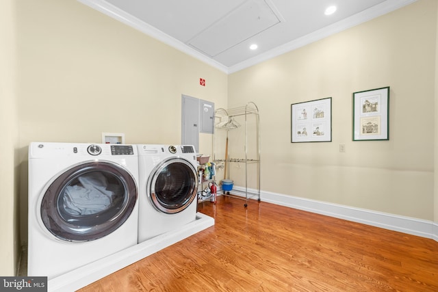4491 Province Line Rd, Princeton, NJ 08540 - laundry room with attic access, ornamental molding, separate washer and dryer, wood finished floors, and baseboards