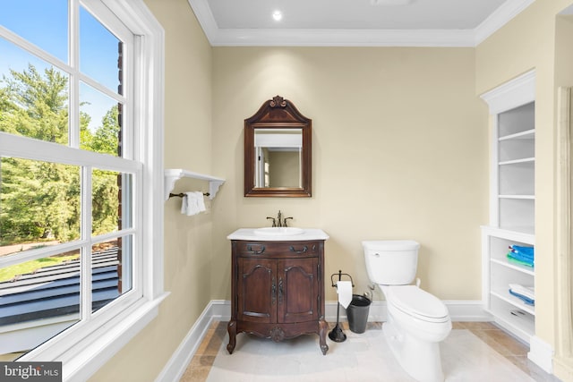 4491 Province Line Rd, Princeton, NJ 08540 - bathroom featuring vanity, ornamental molding, baseboards, toilet, and tile patterned floors