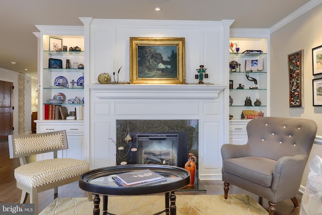 110 N Duke St Unit 201, Lancaster, PA 17602 - living area featuring wood finished floors, crown molding, and a glass covered fireplace