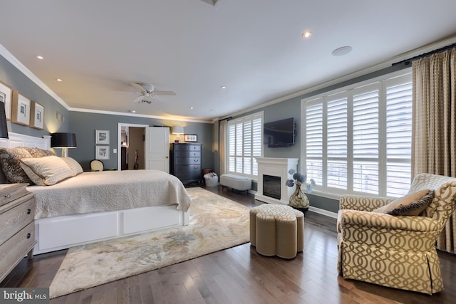 110 N Duke St Unit 201, Lancaster, PA 17602 - bedroom with crown molding, dark wood-type flooring, a glass covered fireplace, baseboards, and recessed lighting