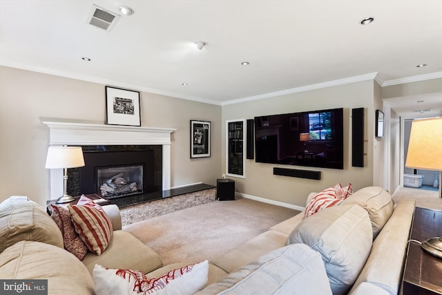 9505 Spinet Ct, Vienna, VA 22182 - carpeted living room with ornamental molding, baseboards, a high end fireplace, and recessed lighting