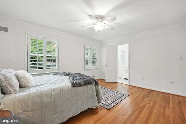 12134 Stirrup Rd, Reston, VA 20191 - bedroom with ornamental molding, wood finished floors, a ceiling fan, and ensuite bath