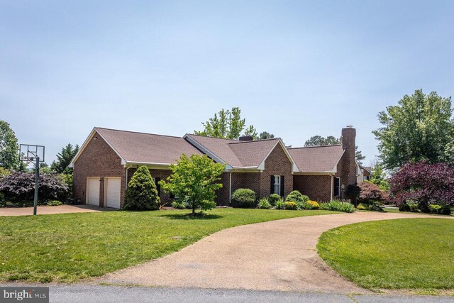 1492 Cumberland Dr, Rockingham, VA 22801 - ranch-style home with driveway, brick siding, a front lawn, and a garage