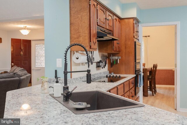 1492 Cumberland Dr, Rockingham, VA 22801 - kitchen with brown cabinetry, black electric stovetop, light wood-style flooring, light countertops, and under cabinet range hood