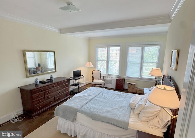 4000 Cathedral Ave NW Unit 406B, Washington, DC 20016 - bedroom with ornamental molding, baseboards, dark wood-style flooring, and beam ceiling