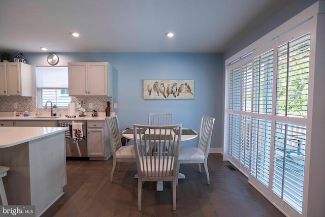 189 Massie St, Stephens City, VA 22655 - kitchen with dishwasher, a sink, decorative backsplash, light countertops, and dark wood-style flooring