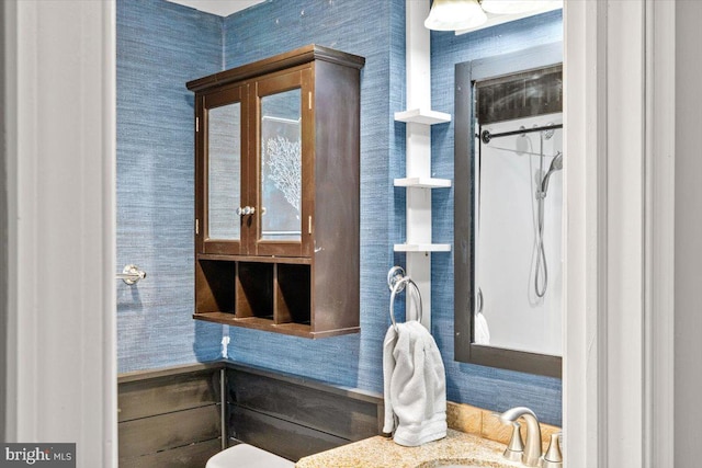228 Cranberry Dr, Blakeslee, PA 18610 - bathroom featuring vanity and wallpapered walls