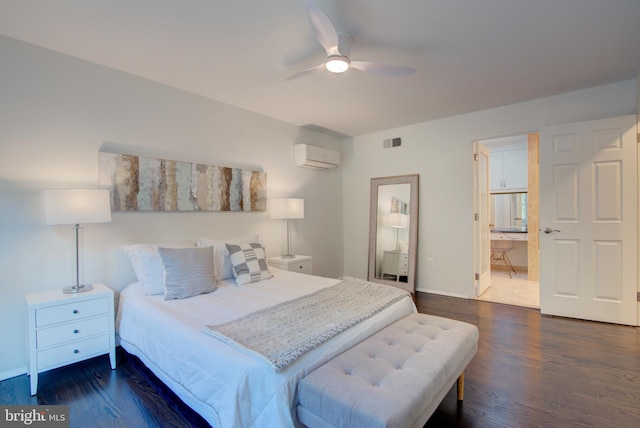 12013 Cheviot Dr, Herndon, VA 20170 - bedroom featuring a wall mounted air conditioner, wood finished floors, ensuite bath, and ceiling fan