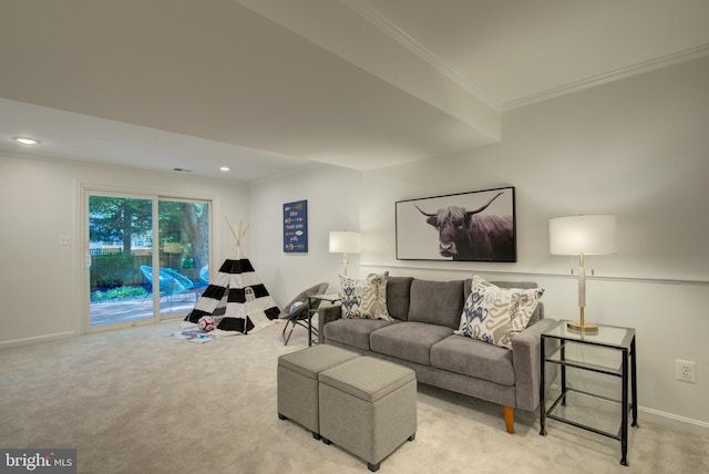 12013 Cheviot Dr, Herndon, VA 20170 - living area with light carpet, ornamental molding, and recessed lighting