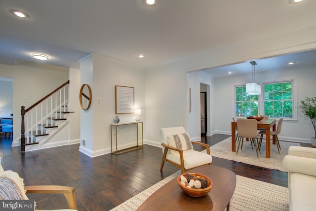 12013 Cheviot Dr, Herndon, VA 20170 - living room with hardwood / wood-style flooring, stairs, recessed lighting, and ornamental molding