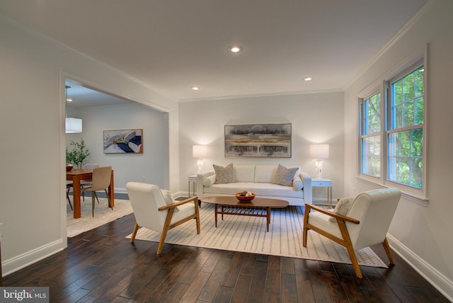 12013 Cheviot Dr, Herndon, VA 20170 - living area with crown molding, dark wood-type flooring, and recessed lighting