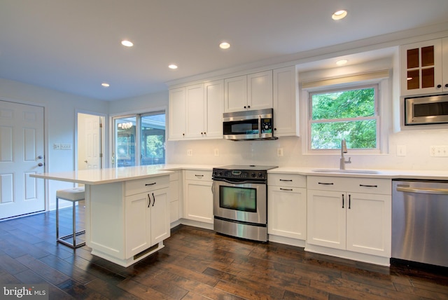 12013 Cheviot Dr, Herndon, VA 20170 - kitchen with stainless steel appliances, a peninsula, plenty of natural light, white cabinetry, and recessed lighting