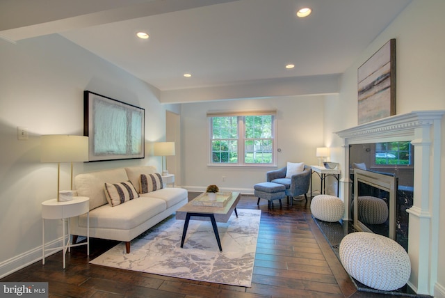 12013 Cheviot Dr, Herndon, VA 20170 - living room featuring wood-type flooring, a premium fireplace, and recessed lighting