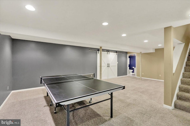 17 N Carolina Ave, Reading, PA 19608 - game room featuring light colored carpet, recessed lighting, a barn door, and baseboards
