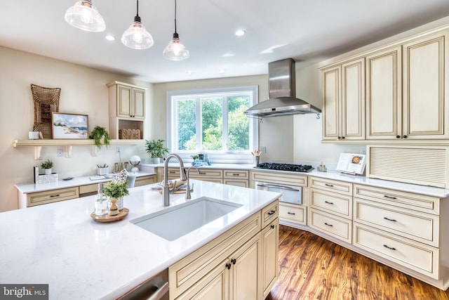 6153 Long Point Rd, Neavitt, MD 21652 - kitchen featuring cream cabinets, wall chimney range hood, a sink, a warming drawer, and recessed lighting