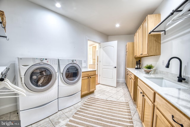 6153 Long Point Rd, Neavitt, MD 21652 - washroom featuring washer and clothes dryer, recessed lighting, light tile patterned floors, cabinet space, and baseboards