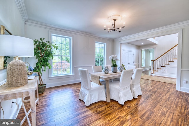 6153 Long Point Rd, Neavitt, MD 21652 - dining space with a chandelier, stairway, ornamental molding, dark wood-style flooring, and baseboards