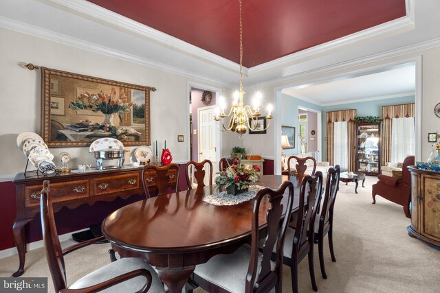 5631 Jordan Blvd, New Market, MD 21774 - dining room featuring light colored carpet, a chandelier, ornamental molding, and a tray ceiling