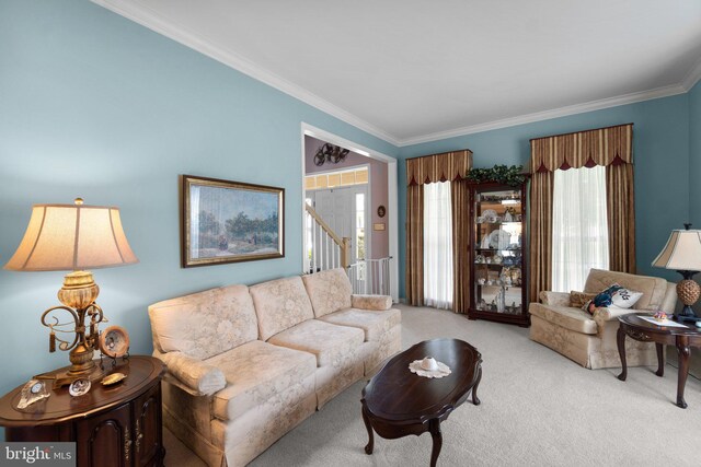 5631 Jordan Blvd, New Market, MD 21774 - carpeted living area with crown molding and stairway
