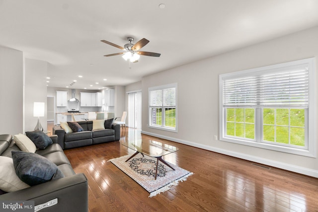 766 Chatelaine Ct, Eldersburg, MD 21784 - living room with a ceiling fan, dark wood finished floors, and recessed lighting