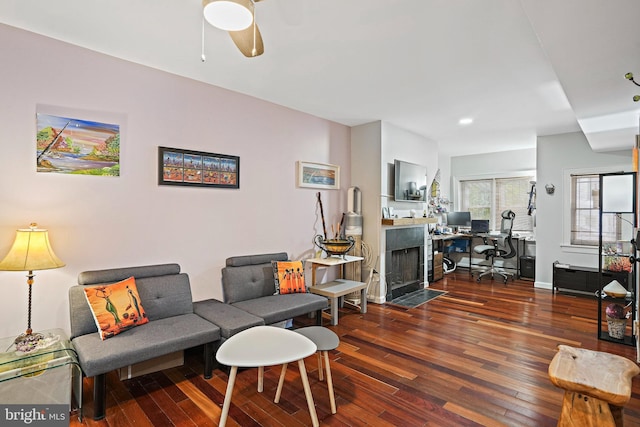 1413 Hopkins St NW, Washington, DC 20036 - living room featuring hardwood / wood-style floors, a ceiling fan, an office area, and recessed lighting