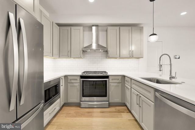 4335 Harrison St NW Unit 2, Washington, DC 20015 - kitchen featuring appliances with stainless steel finishes, wall chimney range hood, a sink, gray cabinetry, and recessed lighting