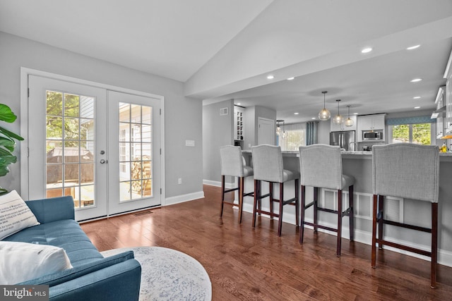 2 Woodfern Ave, Ewing, NJ 08628 - living area with french doors, vaulted ceiling, dark wood finished floors, and recessed lighting