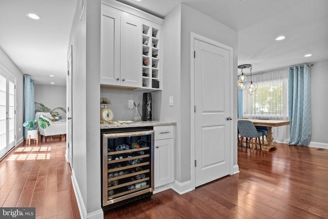 2 Woodfern Ave, Ewing, NJ 08628 - indoor dry bar with beverage cooler, dark wood-type flooring, and recessed lighting