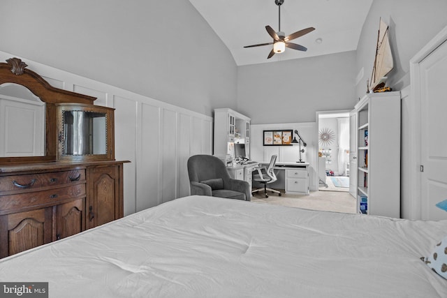 2 Woodfern Ave, Ewing, NJ 08628 - carpeted bedroom with high vaulted ceiling, a desk, a decorative wall, and a ceiling fan
