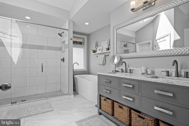 2 Woodfern Ave, Ewing, NJ 08628 - full bath with a shower stall, double vanity, a soaking tub, marble look tiles, and recessed lighting