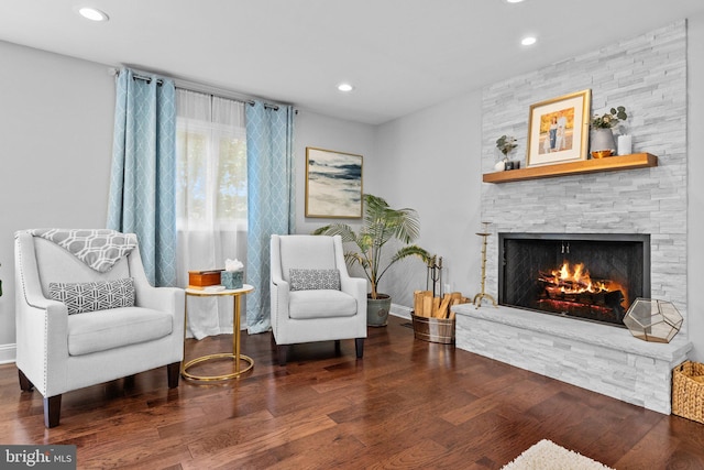 2 Woodfern Ave, Ewing, NJ 08628 - sitting room featuring a stone fireplace, wood finished floors, and recessed lighting