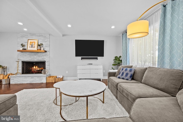 2 Woodfern Ave, Ewing, NJ 08628 - living room featuring wood finished floors, a stone fireplace, and recessed lighting