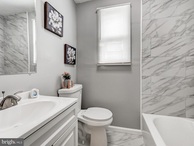 3812 Midheights Rd, Baltimore, MD 21215 - bathroom with marble finish flooring, vanity, toilet, baseboards, and shower / bath combination