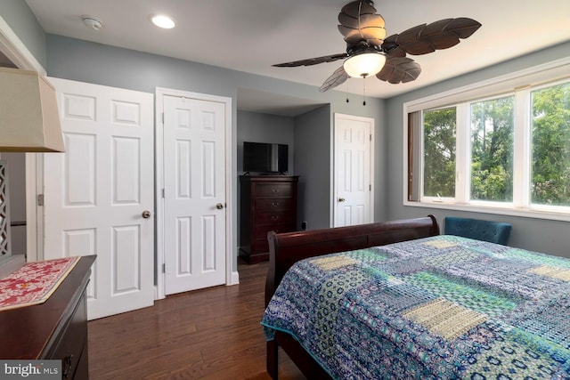 8627 Gilbert St, Philadelphia, PA 19150 - bedroom featuring dark wood-type flooring, multiple closets, recessed lighting, and ceiling fan